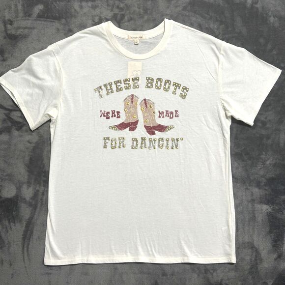 Clover & Pine 'These Boots Are Made For Dancin' T-Shirt Wms Sz XL Ivory Studded - Picture 1 of 5